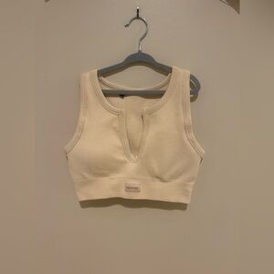 Bo + Tee Beige Ribbed Women's V-Neck Crop Top